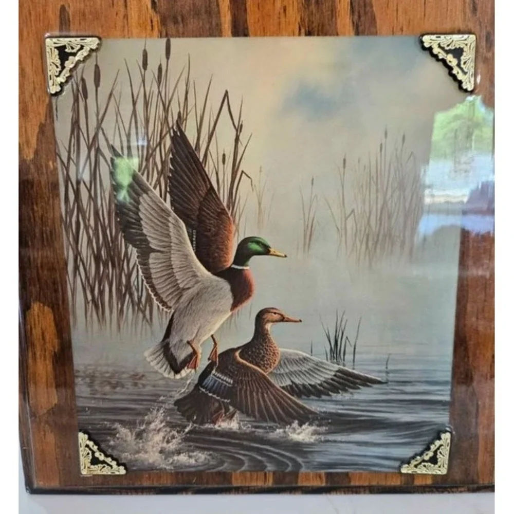 Vintage Mallard Duck Wall Clock with Foil Art Print and Wood Frame